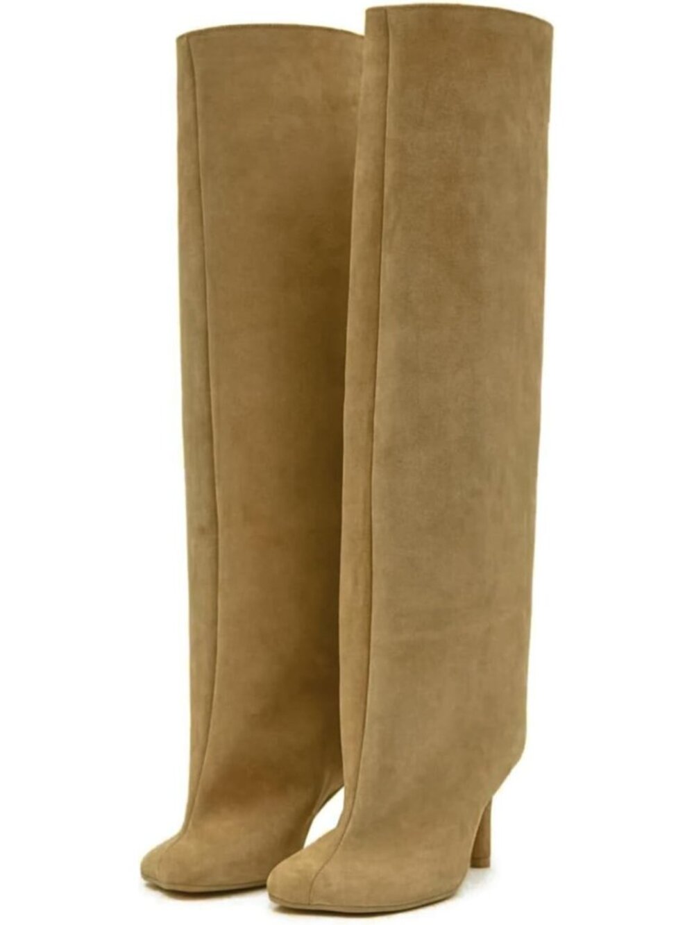 Chic Knee High Faux Suede Boots for Women, Wide Calf, Square Toe, Stiletto Heels